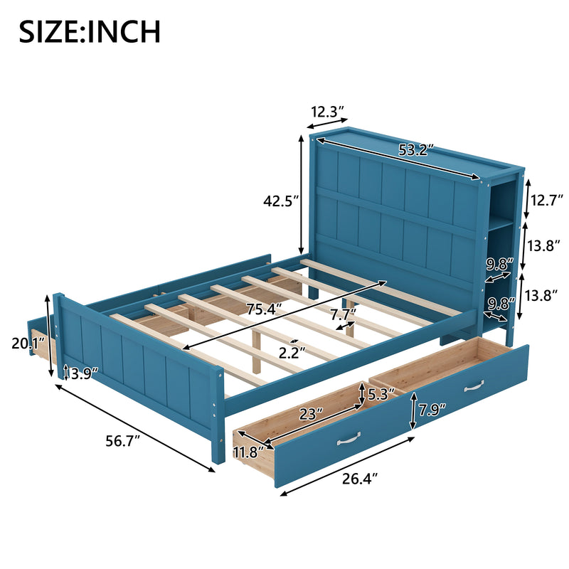 Full Size Platform Bed with Drawers and Storage Shelves, Blue