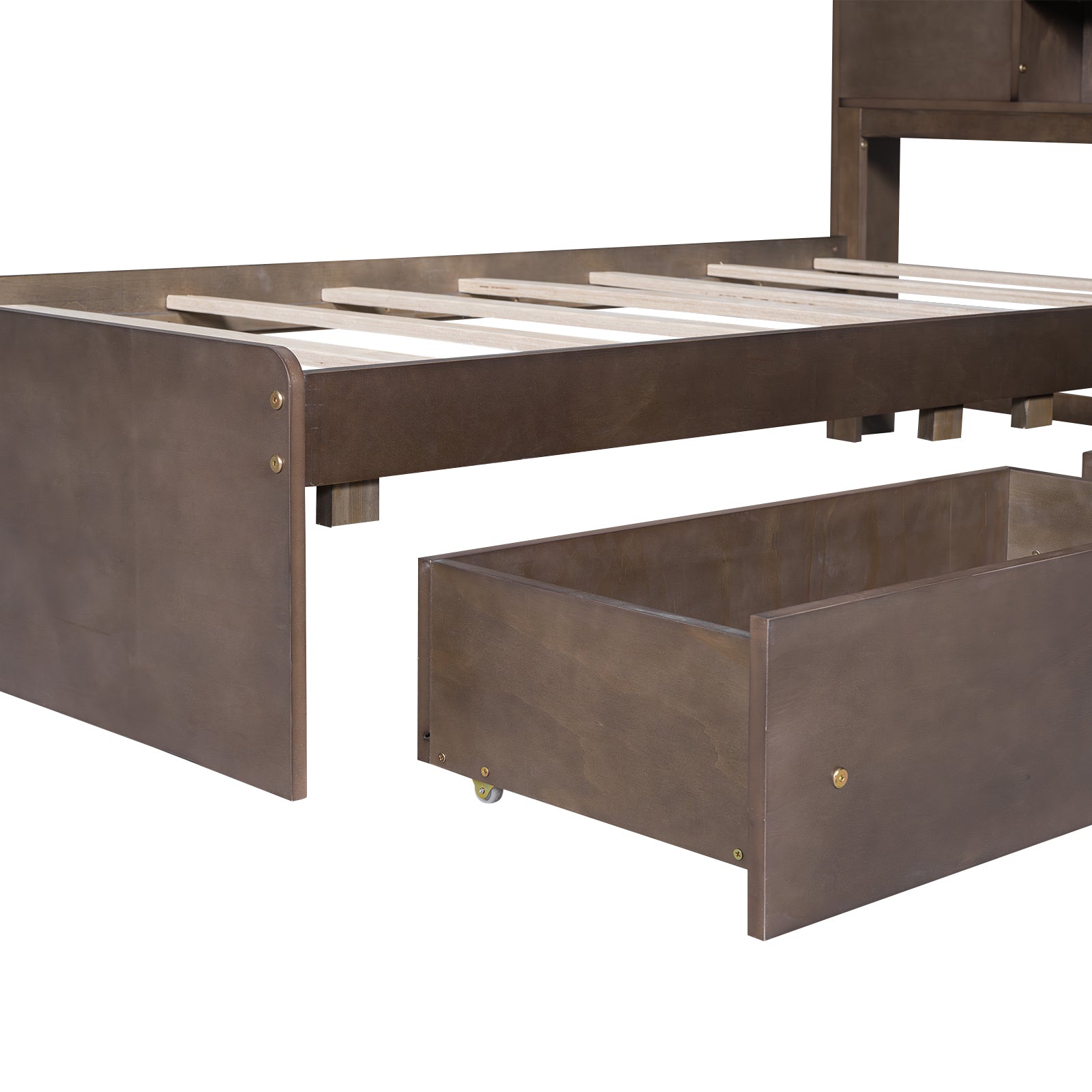 Twin Size Wood Platform Bed with House-shaped Storage Headboard and 2 Drawers, Walnut - Atlantic Fine Furniture Melbourne FL