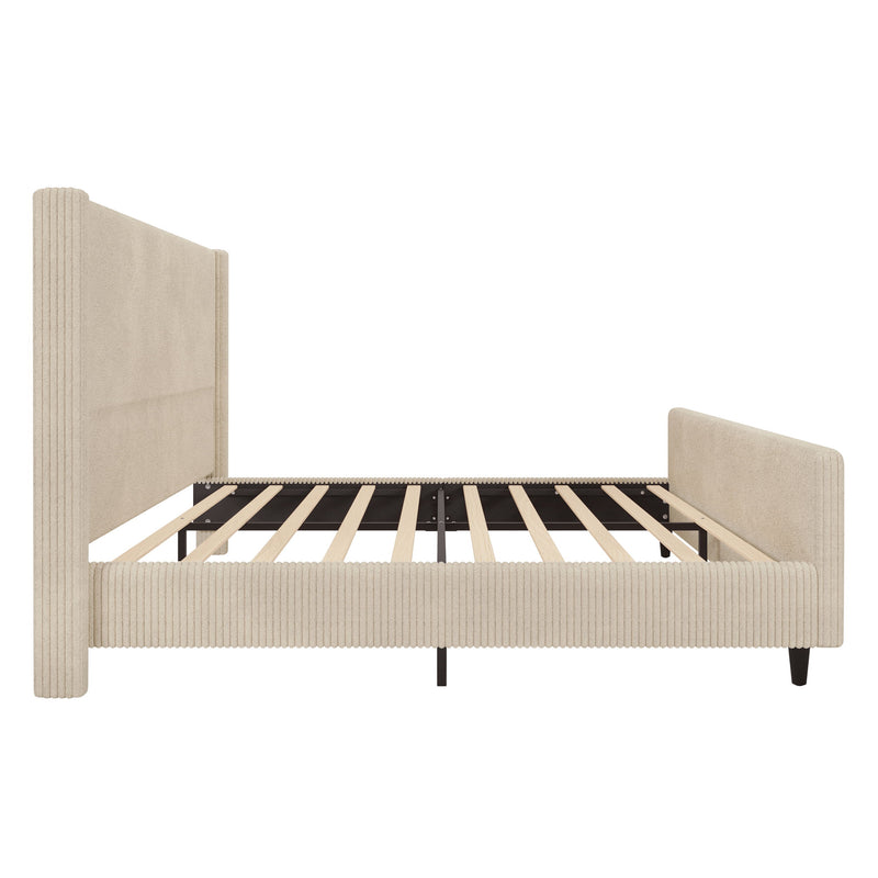 Corduroy Upholstered Bed Frame With Vertical Stripe Wingback And High Footboard No Box Spring Needed