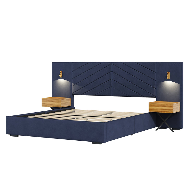King Size Velvet Bed Frame/Vertical Channel Tufted Wingback Headboard/Upholstered Platform Bed/Strong Wooden Slats/No Box Spring Needed/Easy AssemblyRoyal blue
