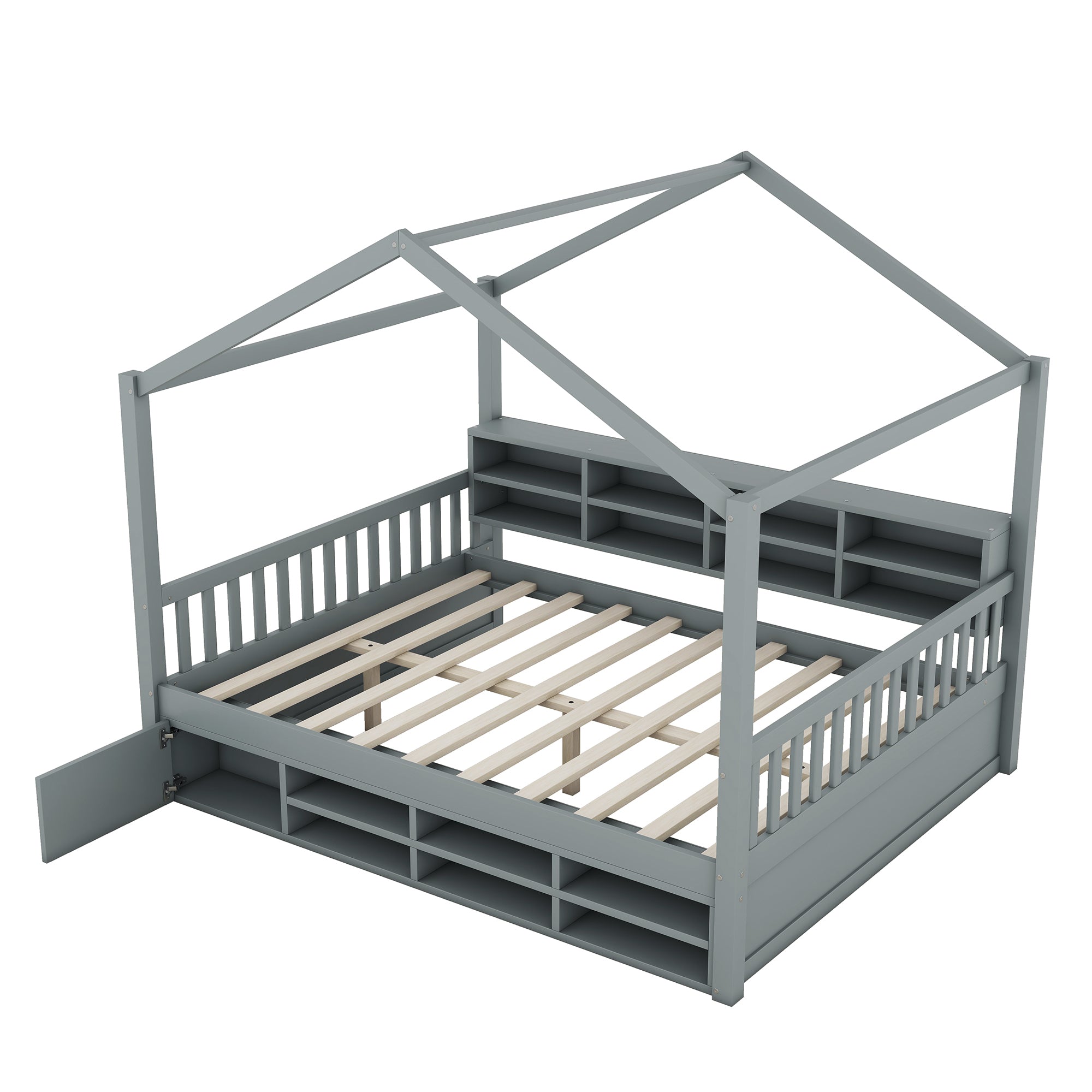 Full Size Wooden House Bed with Shelves and a Mini-cabinet, Gray - Atlantic Fine Furniture Melbourne FL