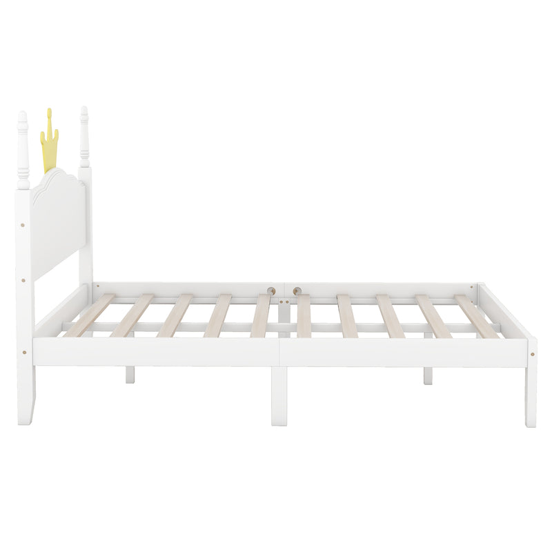 Full Size Wood Platform Bed with Crown Shaped Headboard, White