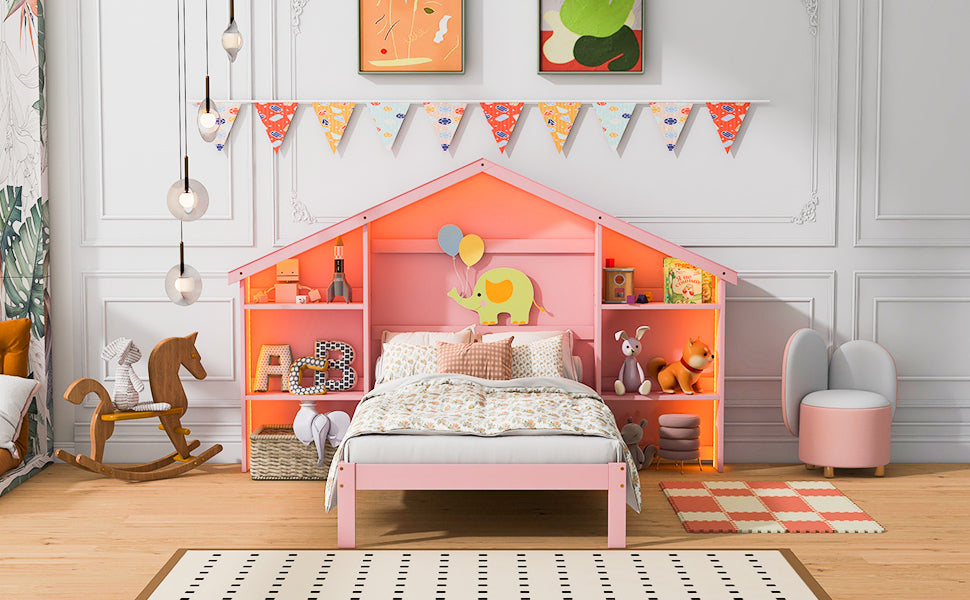 Wood Twin Size Platform Bed with House-shaped Storage Headboard and Built-in LED, Pink - Atlantic Fine Furniture Melbourne FL