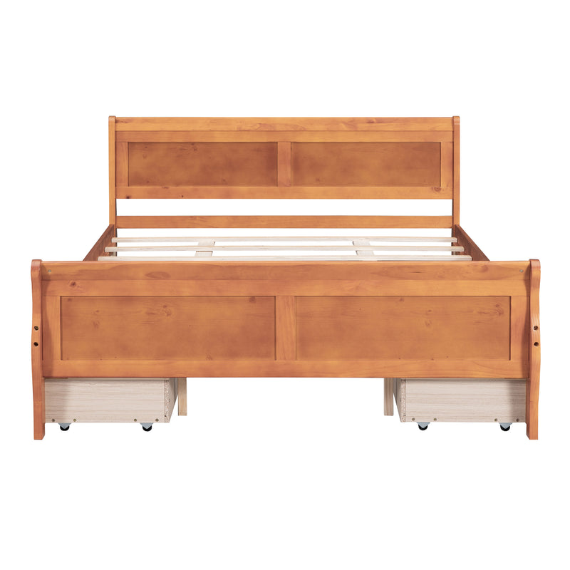 Queen Size Wood Platform Bed with 4 Drawers and Streamlined Headboard & Footboard, Oak