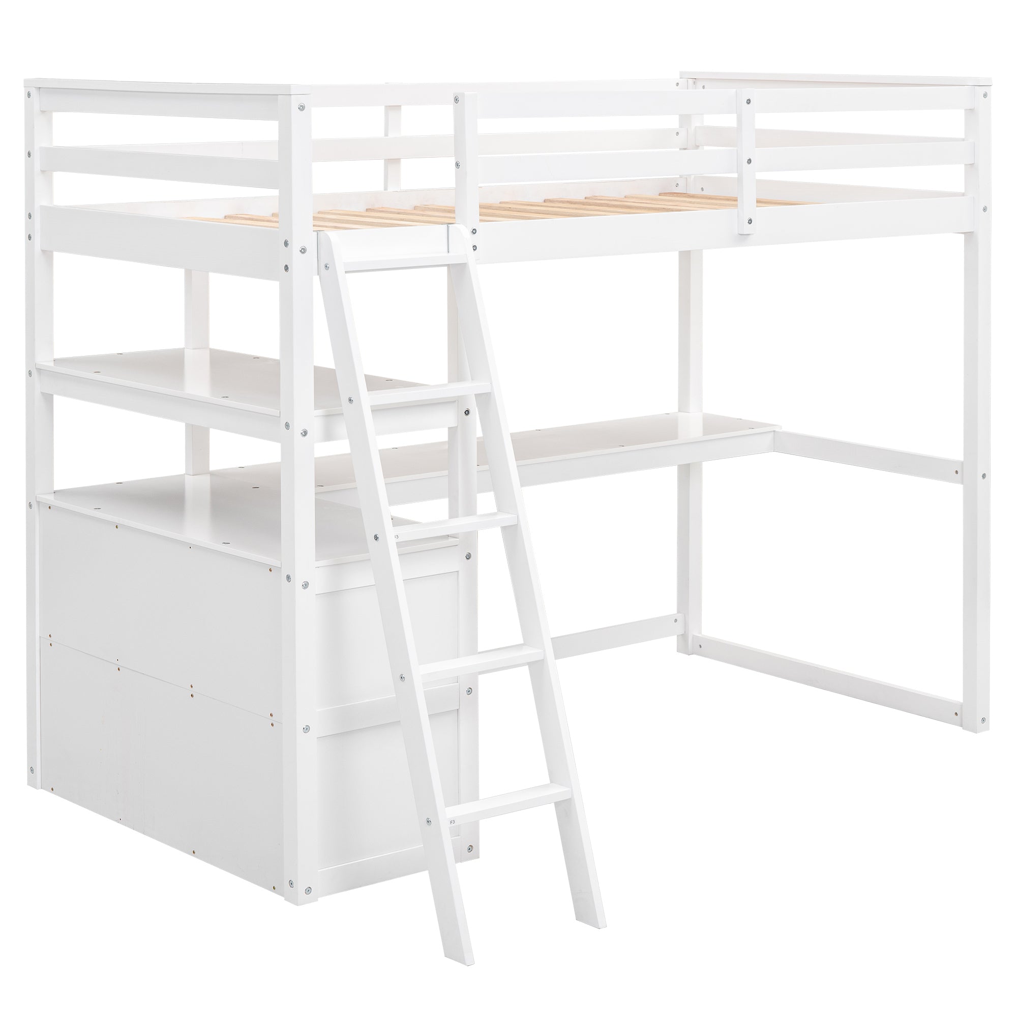 Twin Size Loft Bed with Desk and Shelves, Two Built-in Drawers, White(Old SKU: GX000423AAK)