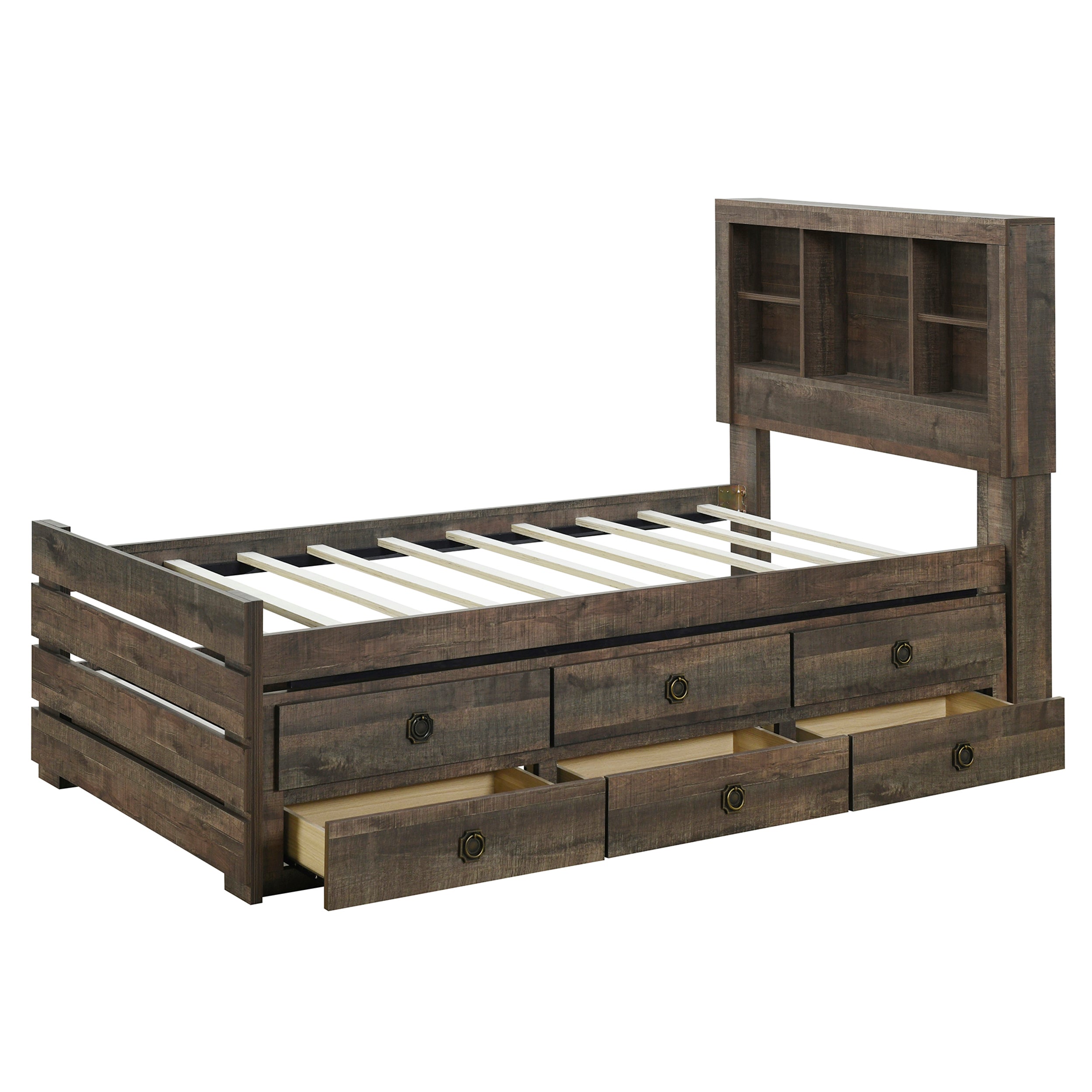 Farmhouse Style Twin Size Bookcase Captain Bed with Three Drawers and Trundle, Rustic Brown