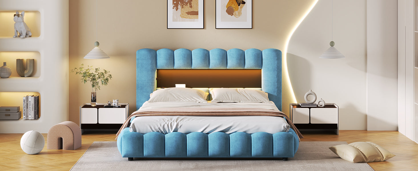 Queen Size Upholstered Platform Bed with LED Headboard and USB, Blue - Atlantic Fine Furniture Melbourne FL