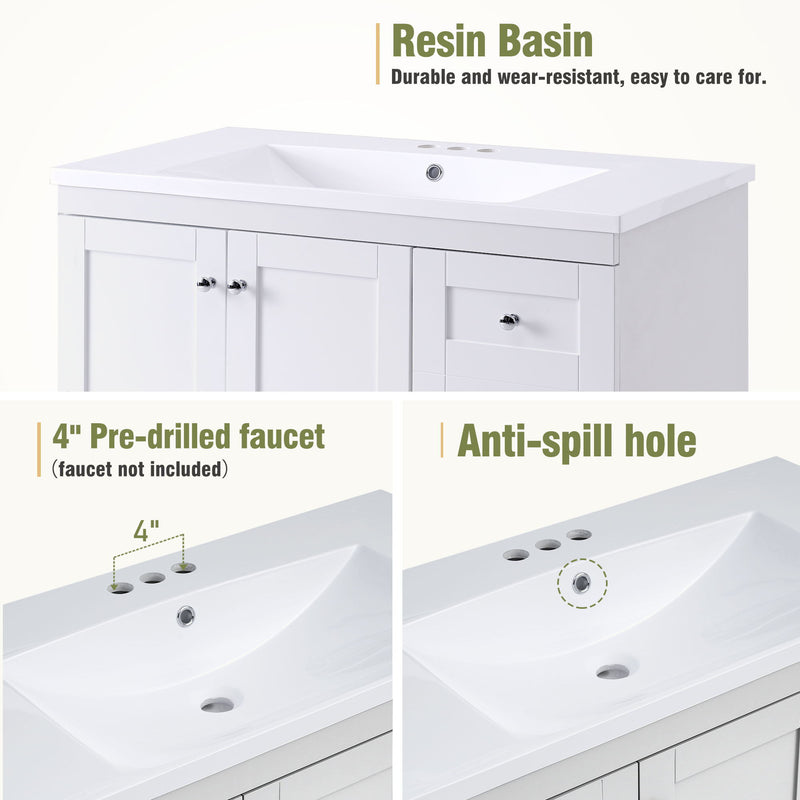Shaker Free Standing Bathroom Vanity Cabinet With Sink, Soft Close Drawers, Soft Close Doors