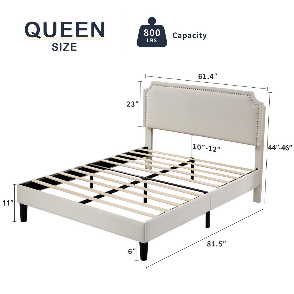 Queen Size Platform Bed with Upholstered Headboard and Slat Support, Heavy Duty Mattress Foundation, No Box Spring Required, Easy to Assemble,Beige - Atlantic Fine Furniture Melbourne FL