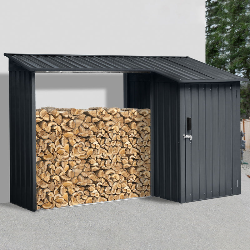 Outdoor Steel Firewood Rack And Metal Storage Shed, Two In One - Black