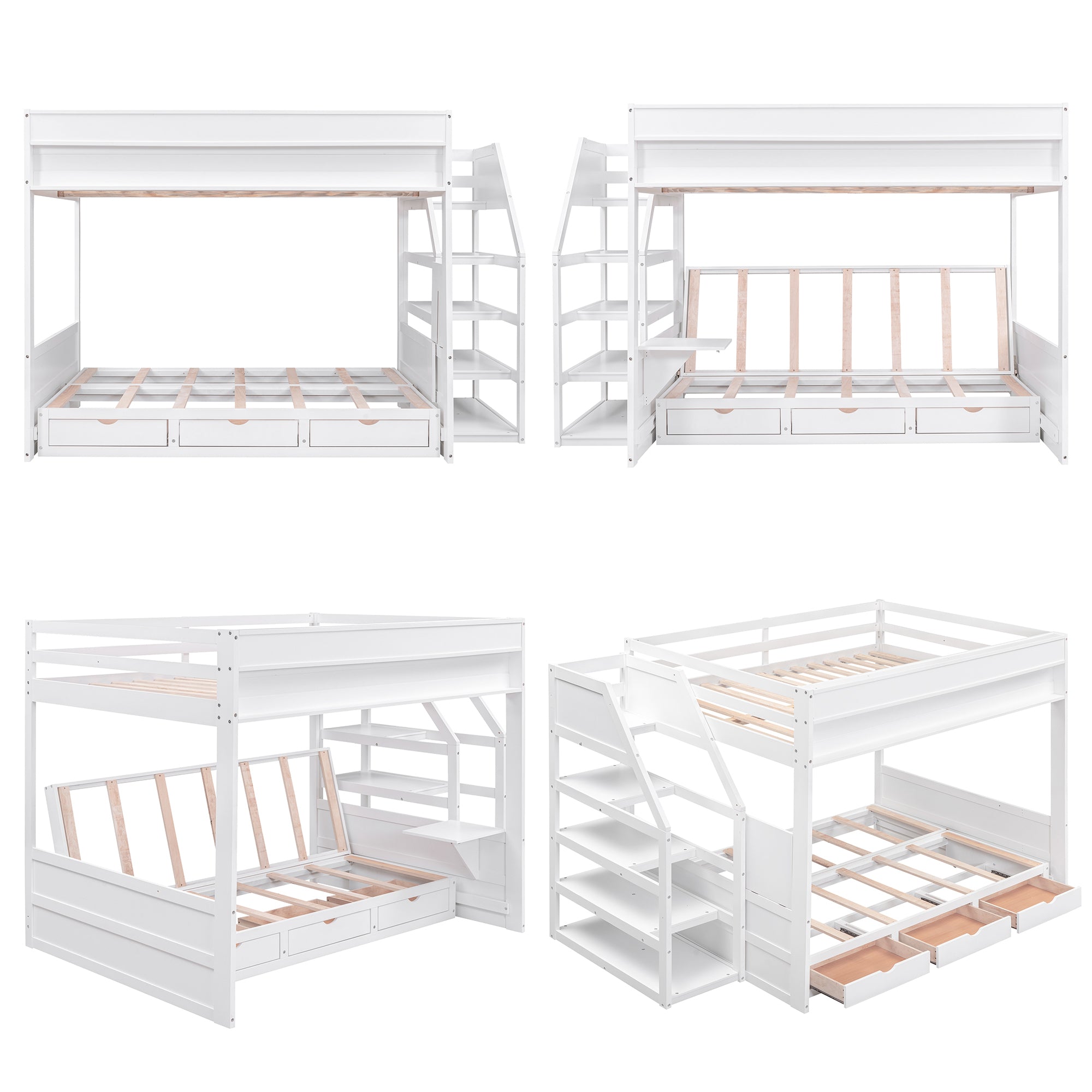 Wood Full Size Convertible Bunk Bed with Storage Staircase, Bedside Table, and 3 Drawers, White - Atlantic Fine Furniture Melbourne FL