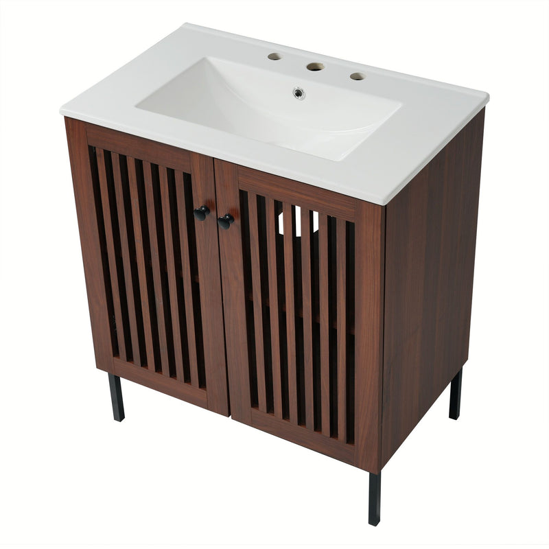 30" Vintage Bathroom Vanity With Ceramic Sink, Modern Bathroom Vanity Cabinet With 2 Soft Close Doors, Equpiied With 4 Sturdy Iron Legs - Antique Dark Brown
