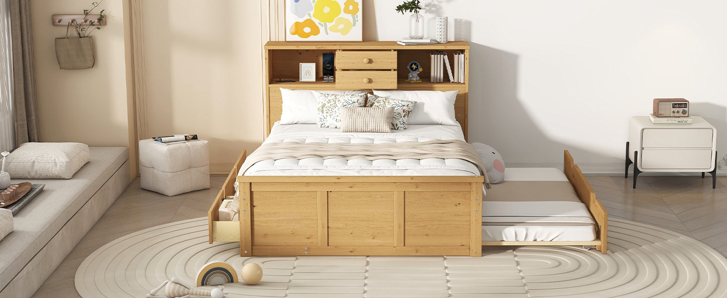 Full Size Wood Pltaform Bed with Twin Size Trundle, 3 Drawers, Upper Shelves and a set of USB Ports & Sockets, Natural - Atlantic Fine Furniture Melbourne FL