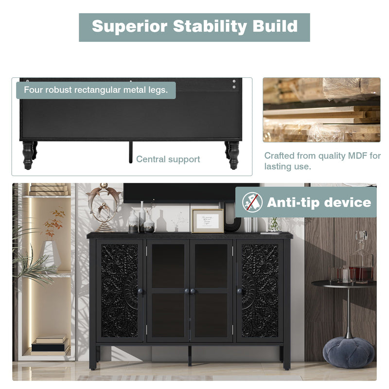 Retro TV Stand With 3 Spacious Cabinets, Glass Cabinet Doors And Anti-Tip Device