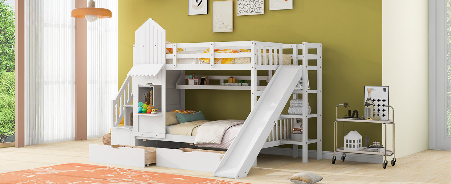 Twin-Over-Twin Castle Style Bunk Bed with 2 Drawers 3 Shelves and Slide - White - Atlantic Fine Furniture Melbourne FL