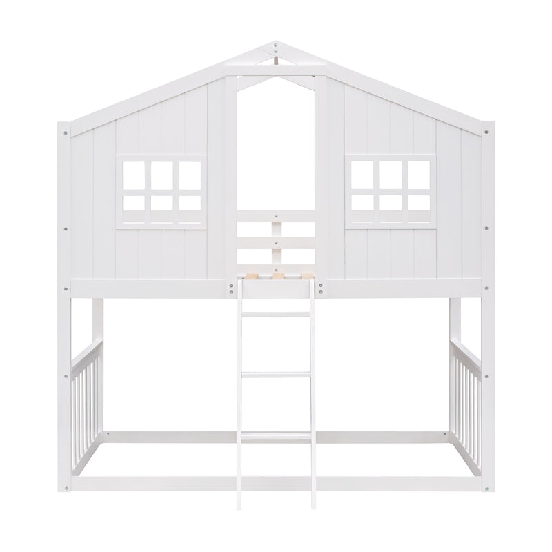 Twin Over Twin House Bunk Bed With Ladder, Wood Bed-White