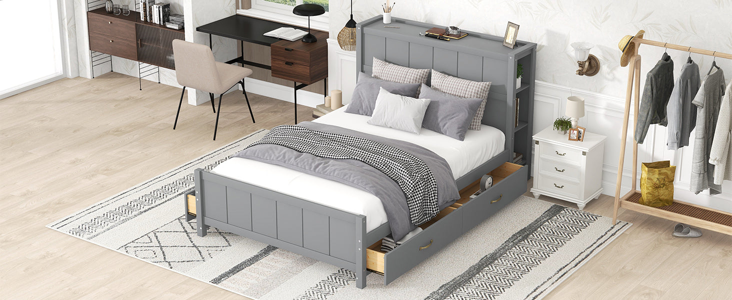 Full Size Platform Bed with Drawers and Storage Shelves, Gray - Atlantic Fine Furniture Melbourne FL