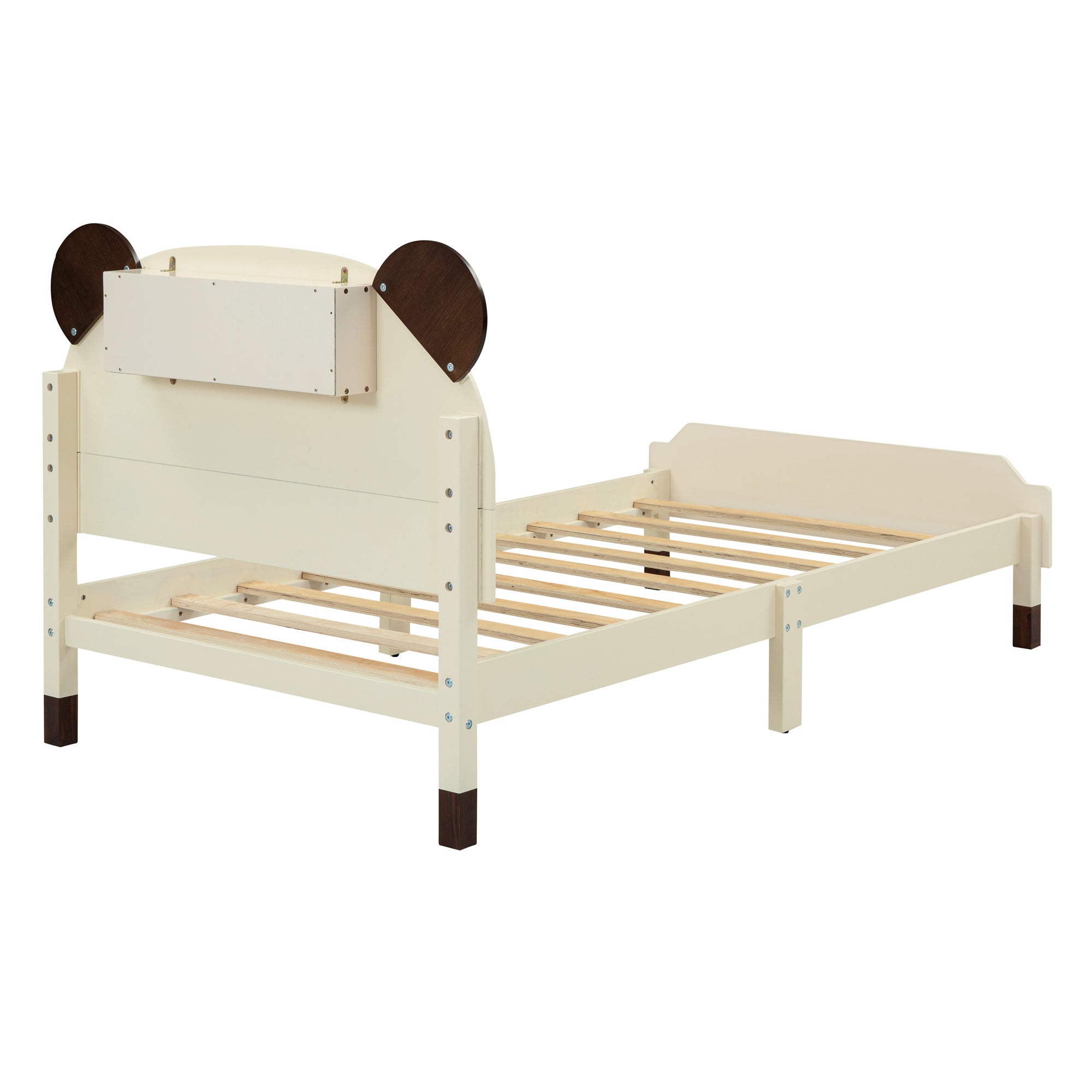 Twin Size Wood Platform Bed with Bear-shaped Headboard,Bed with Motion Activated Night Lights,Cream+Walnut - Atlantic Fine Furniture Melbourne FL
