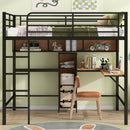 Full Size Metal & Wood Loft Bed with L -shaped desk and shelves, Black and Brown