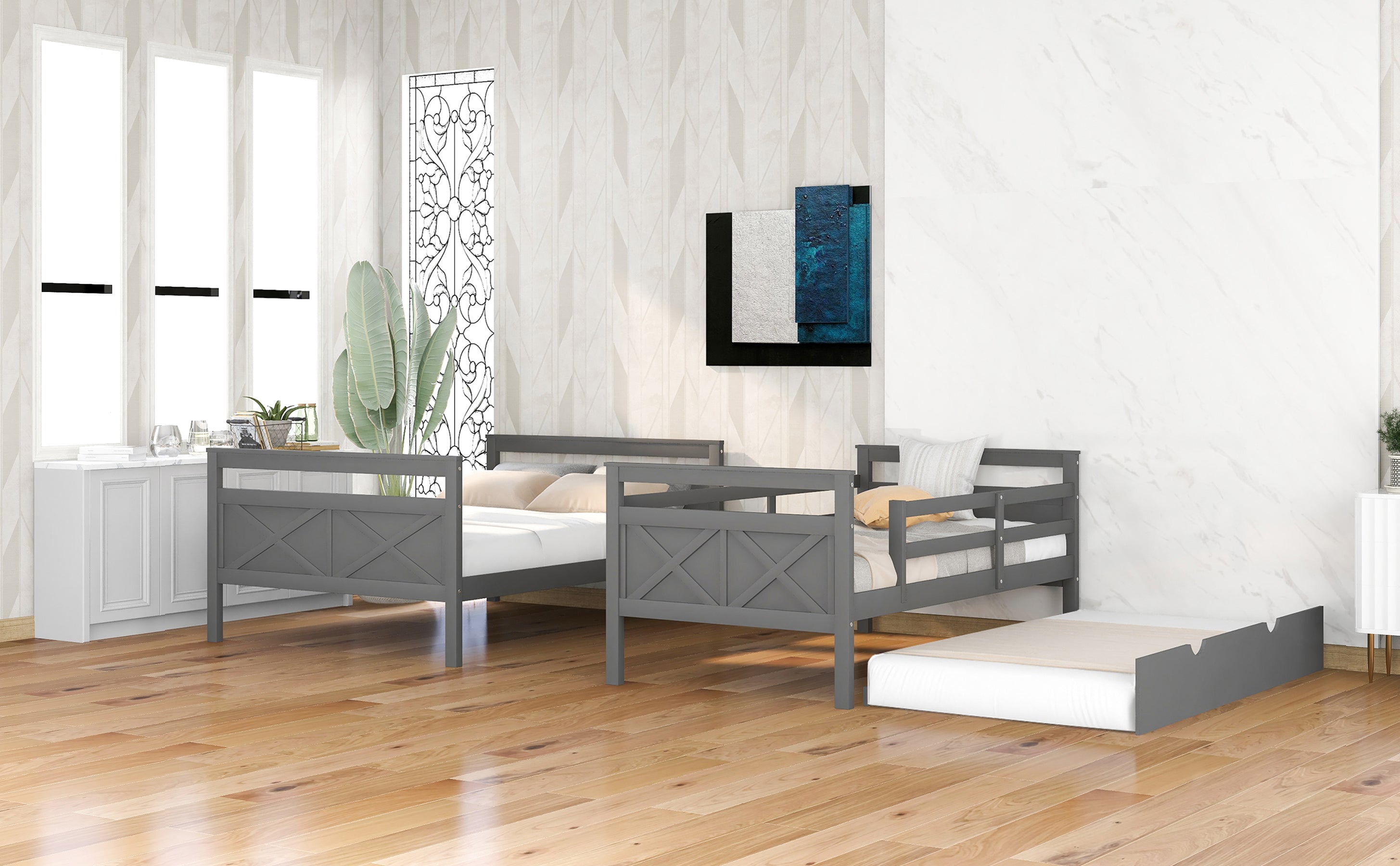 Twin over Full Bunk Bed with Ladder, Twin Size Trundle, Safety Guardrail, Gray - Atlantic Fine Furniture Melbourne FL