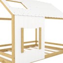 Full Size House Bed with Roof and Window - White+Natural