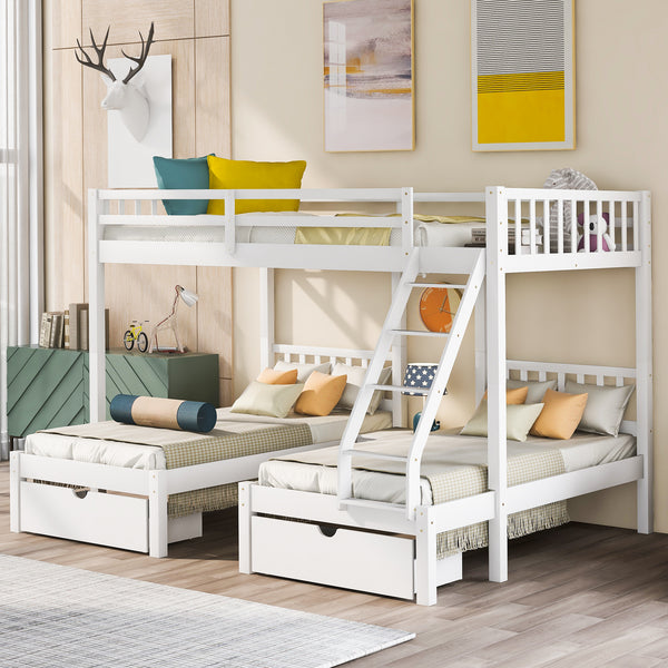 Full Over Twin & Twin Bunk Bed, Wood Triple Bunk Bed with Drawers and Guardrails, White (OLD SKU: LP000143AAK)