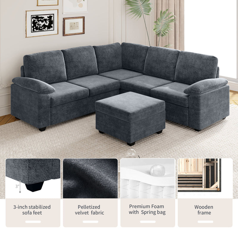 Modern Velvet Sectional Sofa Set, Large U Shaped Upholstered Corner Couch With Ottoman, Armrest Pillow, 6 Seat Indoor Furniture For Living Room