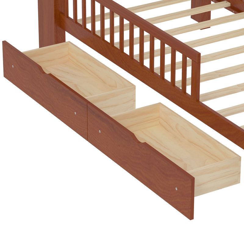 Bed With Headboard Storage Rack, 2 Under Bed Drawers, 3 Side Guardrails For Safety