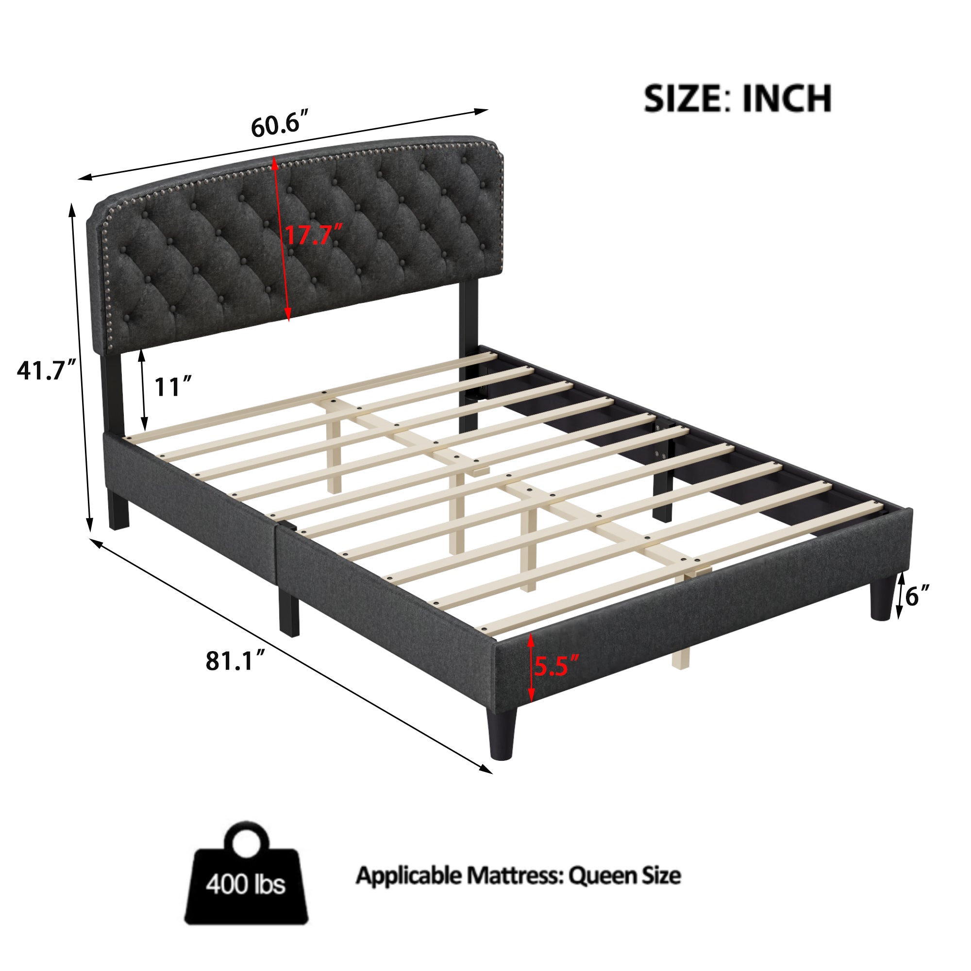 Queen size Adjustable Headboard with Fine Linen Upholstery and Button Tufting for Bedroom,  Wave Top  Dark Grey