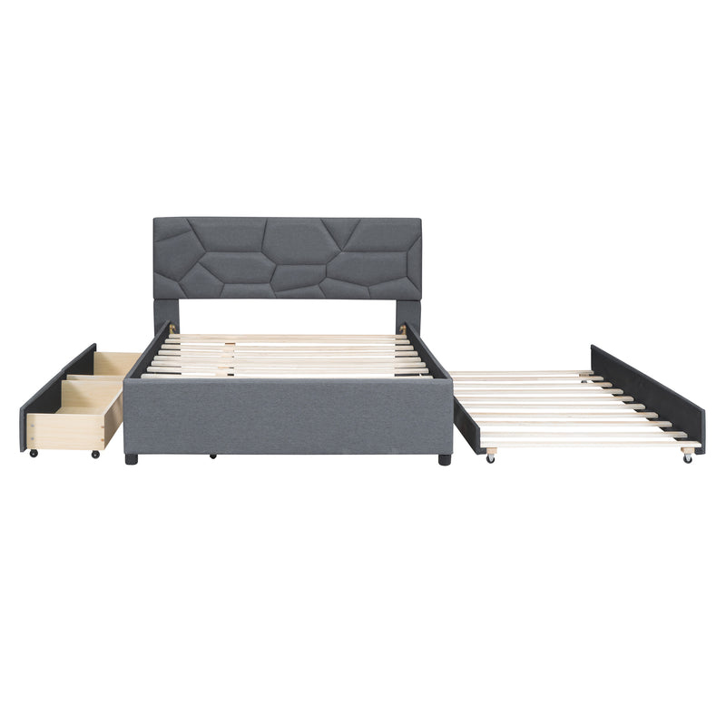 Full Size Upholstered Platform Bed with Brick Pattern Headboard, with Twin Size Trundle and 2 Drawers, Linen Fabric, Gray