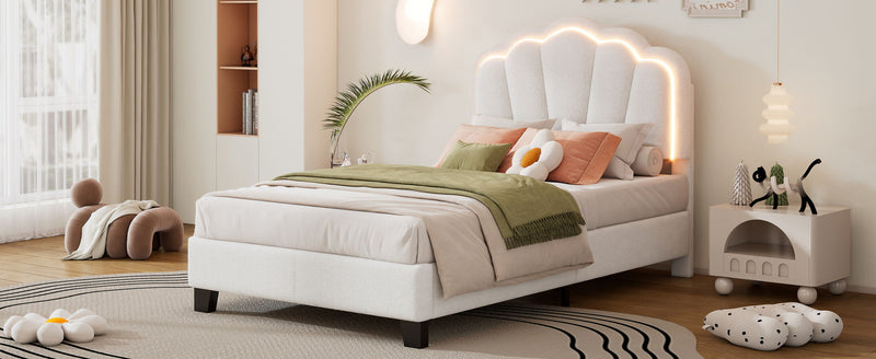 Upholstered Elegant Flowers Headboard With LED Light Strip, Platform Bed With Slats Support