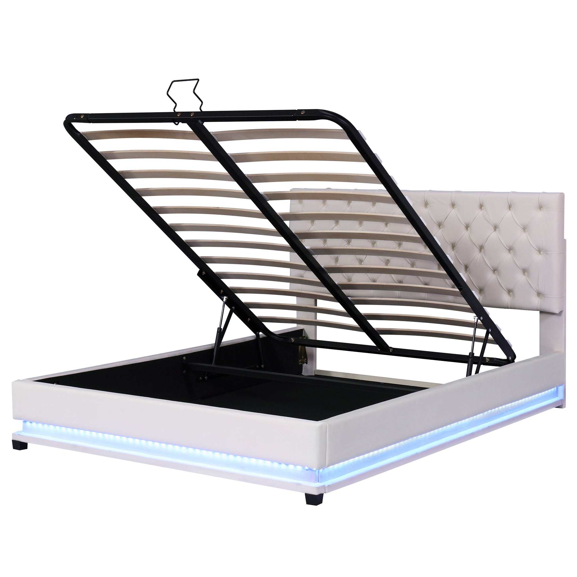 Queen Size Storage Upholstered Platform Bed with Adjustable Tufted Headboard and LED Light, Beige - Atlantic Fine Furniture Melbourne FL