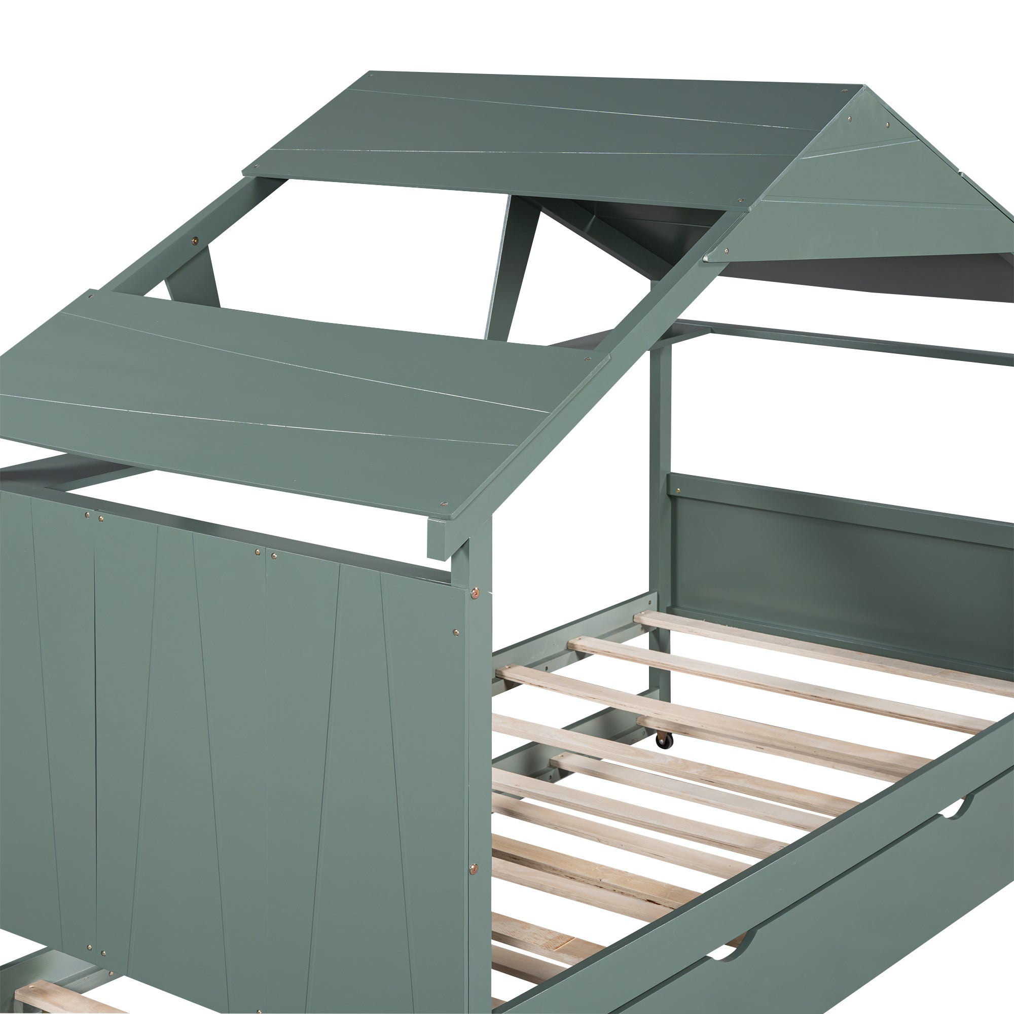 Wood Twin Size House Bed with Trundle and Storage, Green - Atlantic Fine Furniture Melbourne FL