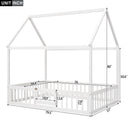 Full Size Wood House Bed with Fence and Door, White Wash