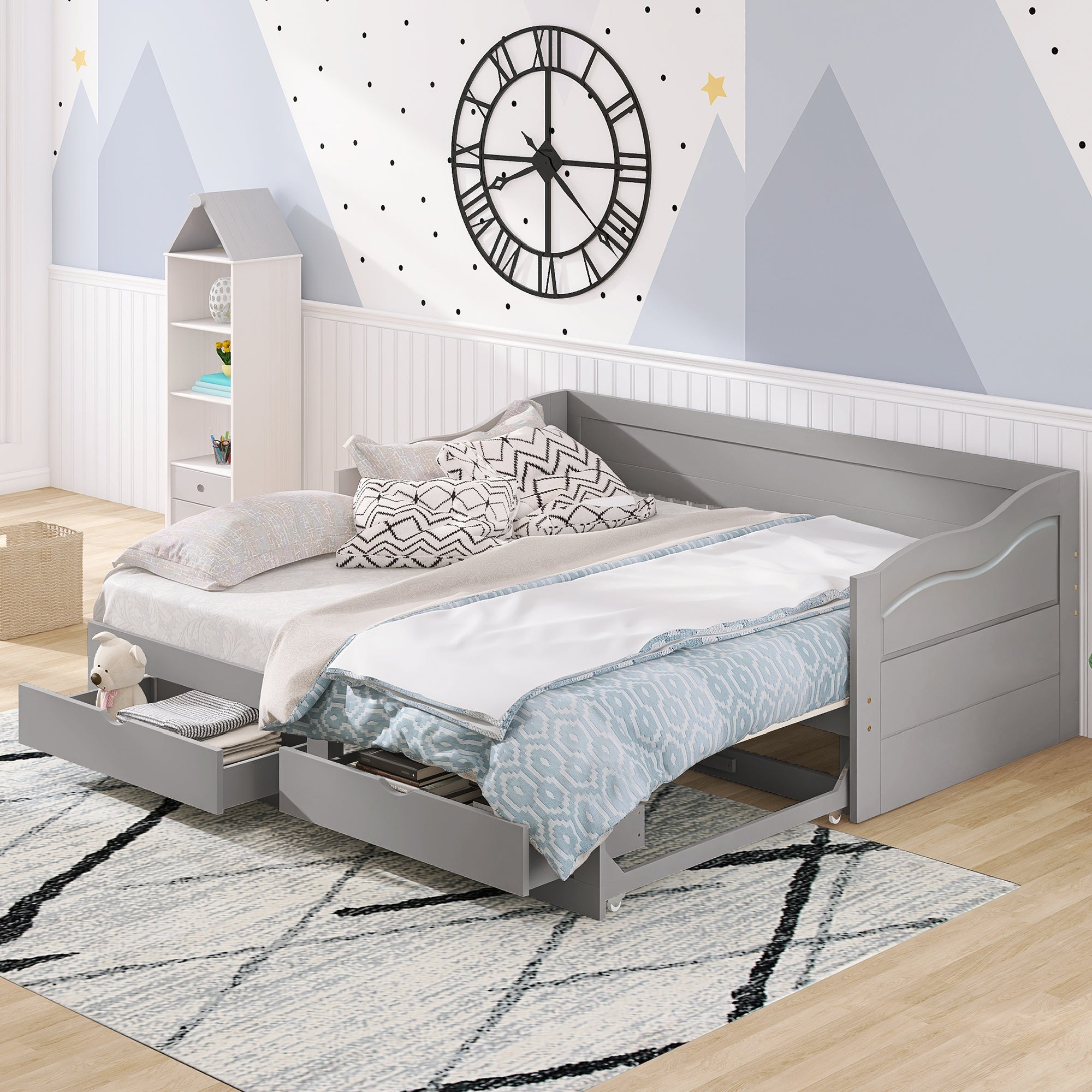 Wooden Daybed with Trundle Bed and Two Storage Drawers , Extendable Bed Daybed,Sofa Bed with Two Drawers, Gray - Atlantic Fine Furniture Melbourne FL