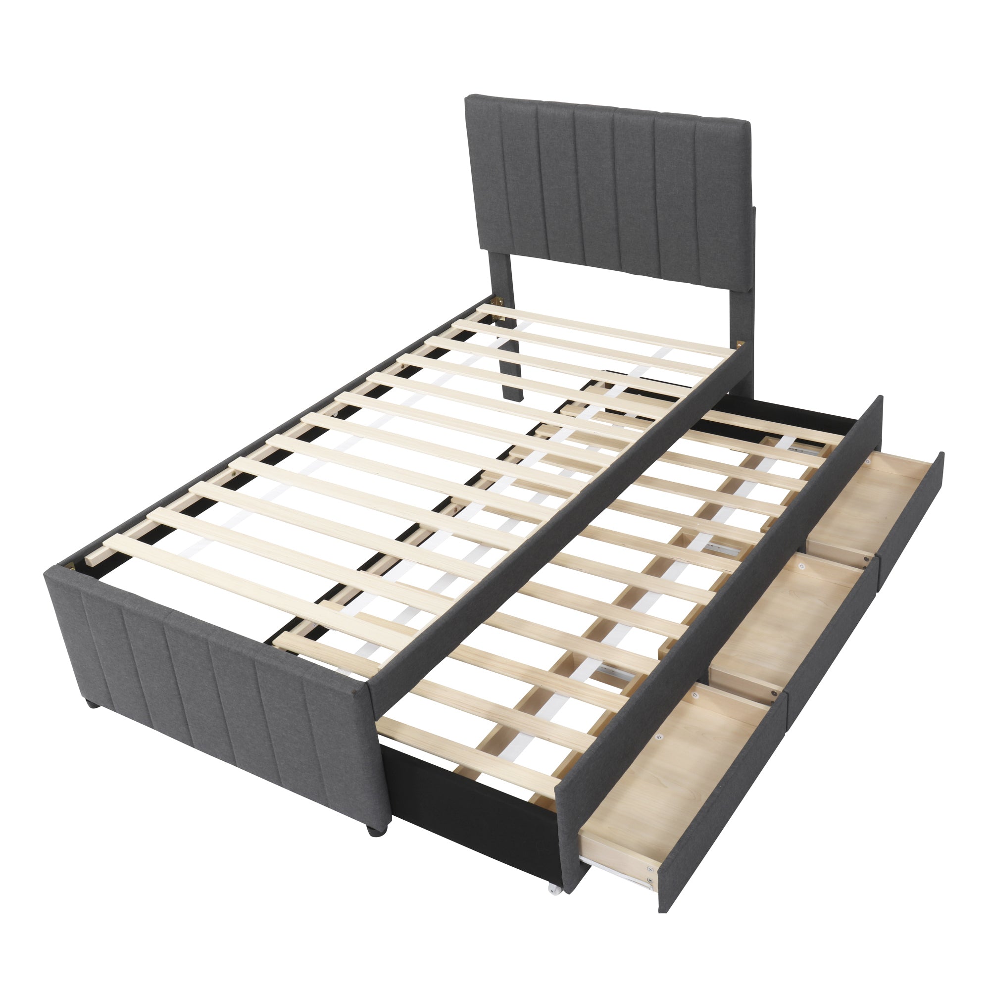 Twin Size Upholstered Platform Bed with Trundle and 3 Drawers, Linen Fabric, Gray - Atlantic Fine Furniture Melbourne FL