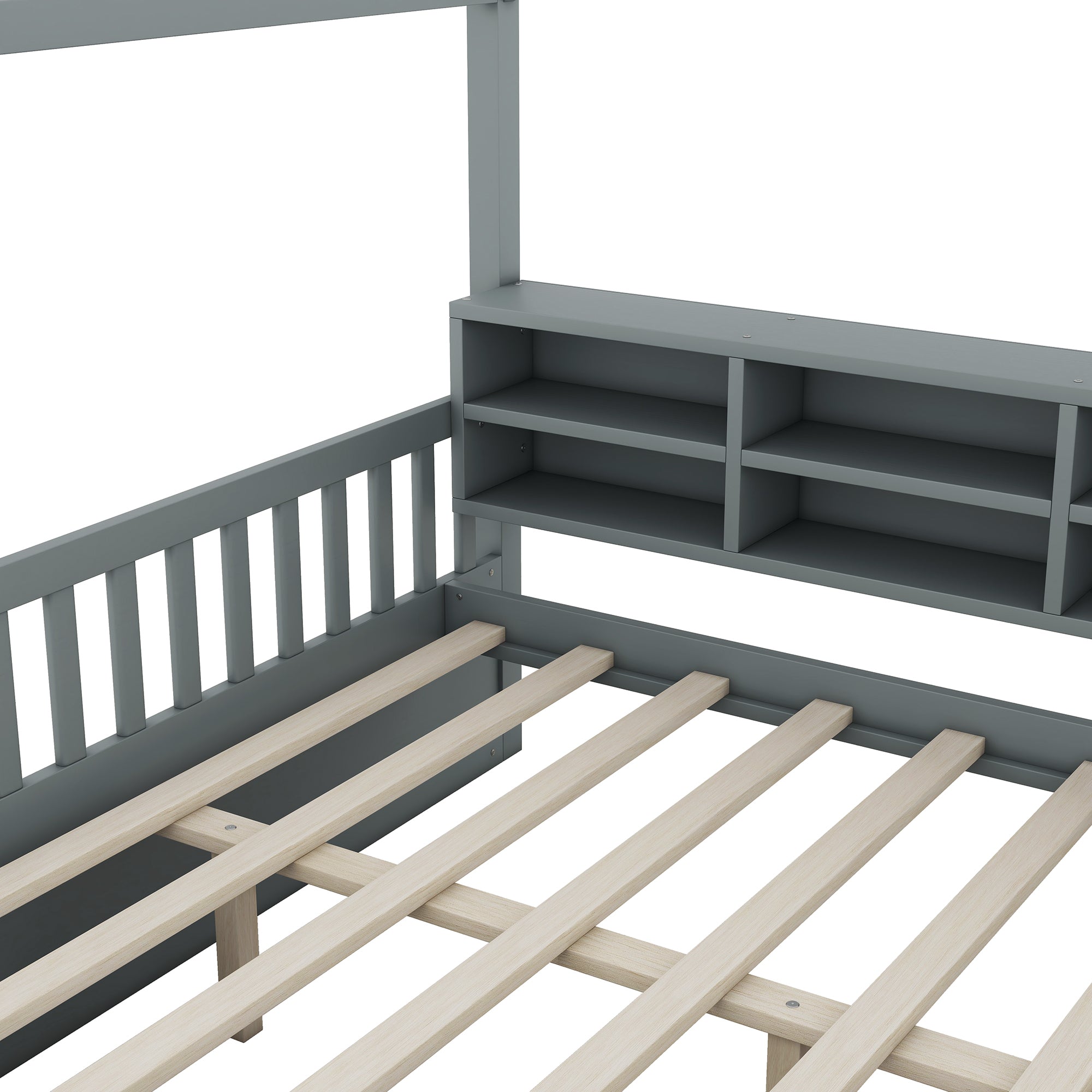 Full Size Wooden House Bed with Shelves and a Mini-cabinet, Gray - Atlantic Fine Furniture Melbourne FL