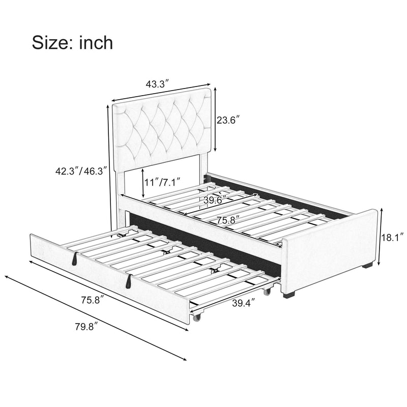 Twin Size Velvet Fabric Upholstered Platform Bed With Trundle And Adjustable Tufted Headboard - Beige