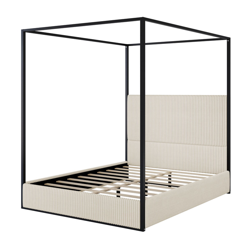 Luxury Canopy Bed With Plush Corduroy Upholstered Headboard