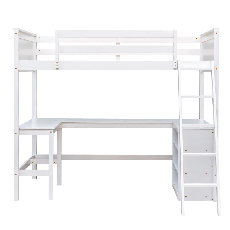 Twin size Loft Bed with Shelves and Desk, Wooden Loft Bed with Desk - White(OLD SKU:LT000537AAK)