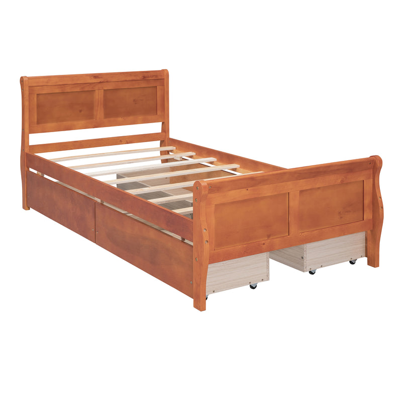 Twin Size Wood Platform Bed with 4 Drawers and Streamlined Headboard & Footboard, Oak