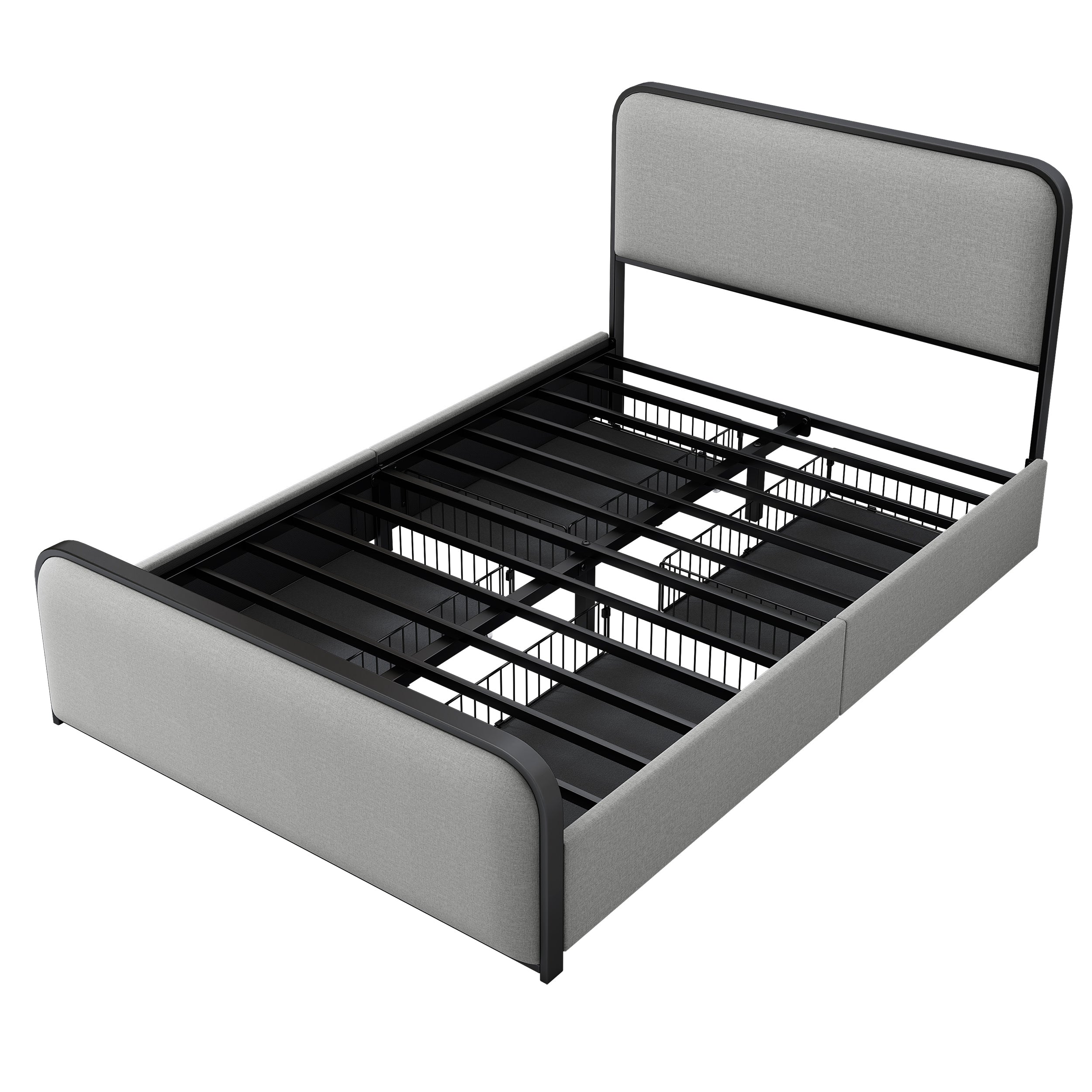 Modern Metal Bed Frame with Curved Upholstered Headboard and Footboard Bed with 4 Storage Drawers, Heavy Duty Metal Slats, Full Size, Grey - Atlantic Fine Furniture Melbourne FL