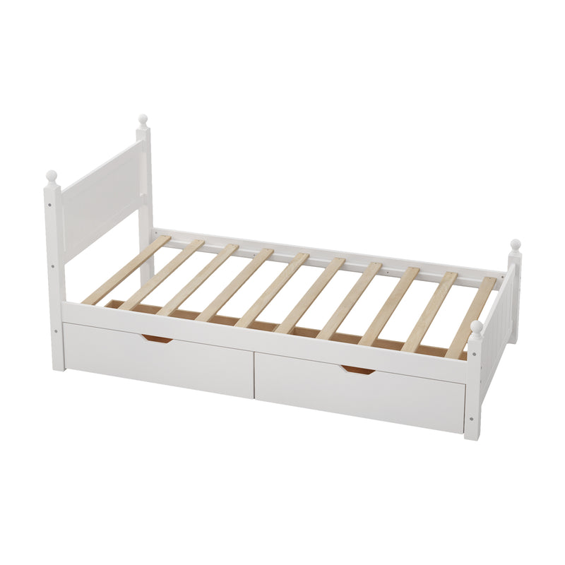 Twin Size Solid Wood Platform Bed Frame with 2 drawers for Limited Space Kids, Teens, Adults, No Need Box Spring, White