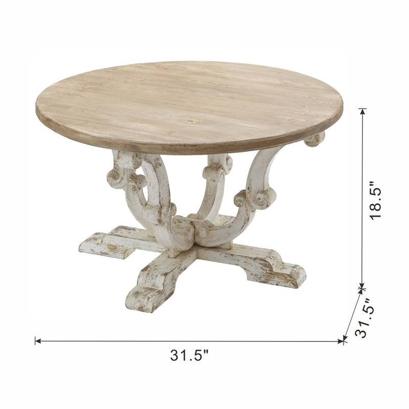 Round Wooden Coffee Table With Distressed Scrollwork Legs - Multicolor