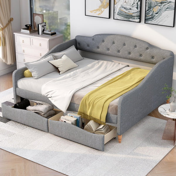 Full Size Vintage Upholstery Daybed with Two Large Storage Drawers, Gray