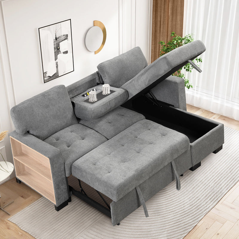 Stylish And Functional Light Chaise Lounge Sectional With Storage Rack Pull-Out Bed Drop Down Table And USB Charger