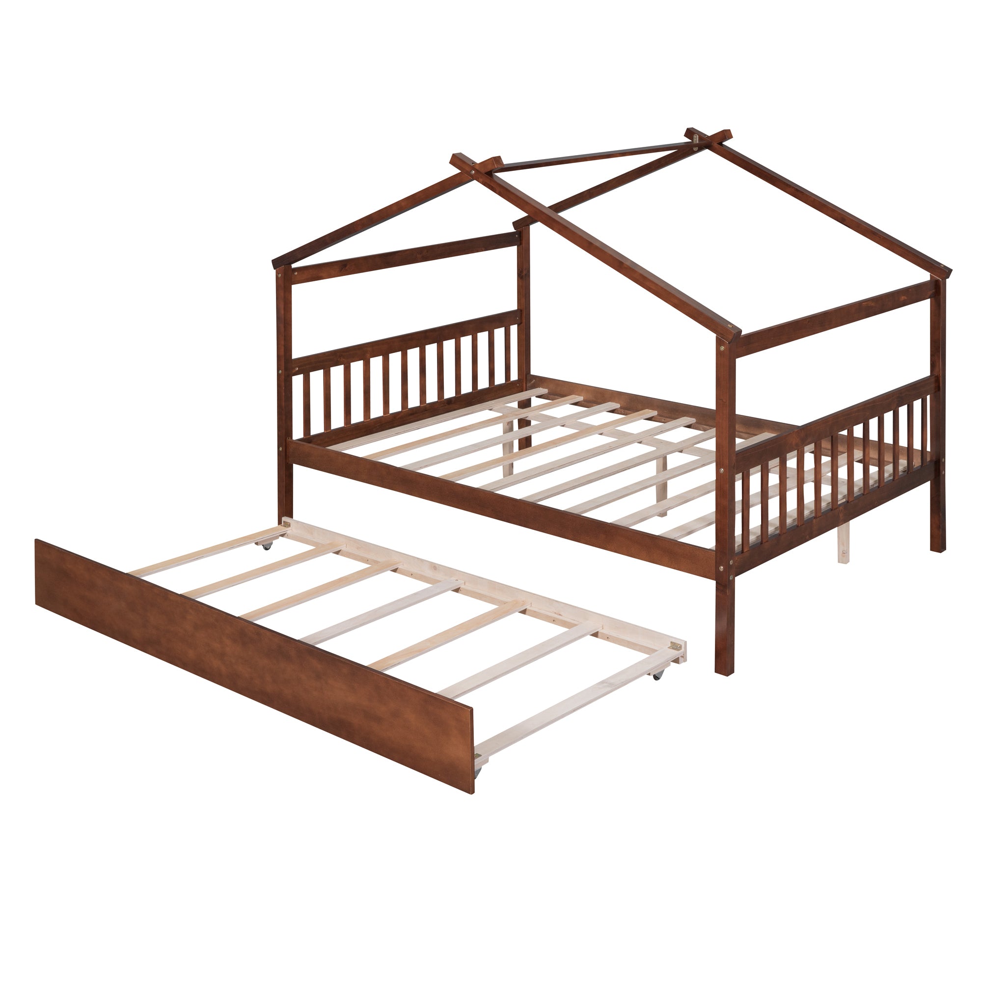 Full Size Wooden House Bed with Twin Size Trundle, Walnut - Atlantic Fine Furniture Melbourne FL
