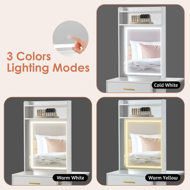 Small Vanity Desk With Mirror And Light, Dressing Table With Charging Station & Fold Up Panel For Small Space, Compact Makeup Vanity Set With Hidden Stool For Bedroom - White