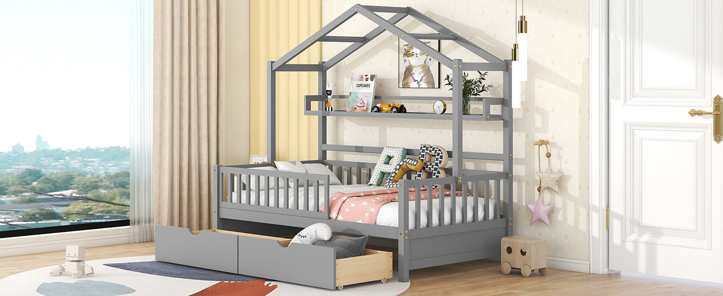Wooden Twin Size House Bed with 2 Drawers,Kids Bed with Storage Shelf, Gray - Atlantic Fine Furniture Melbourne FL