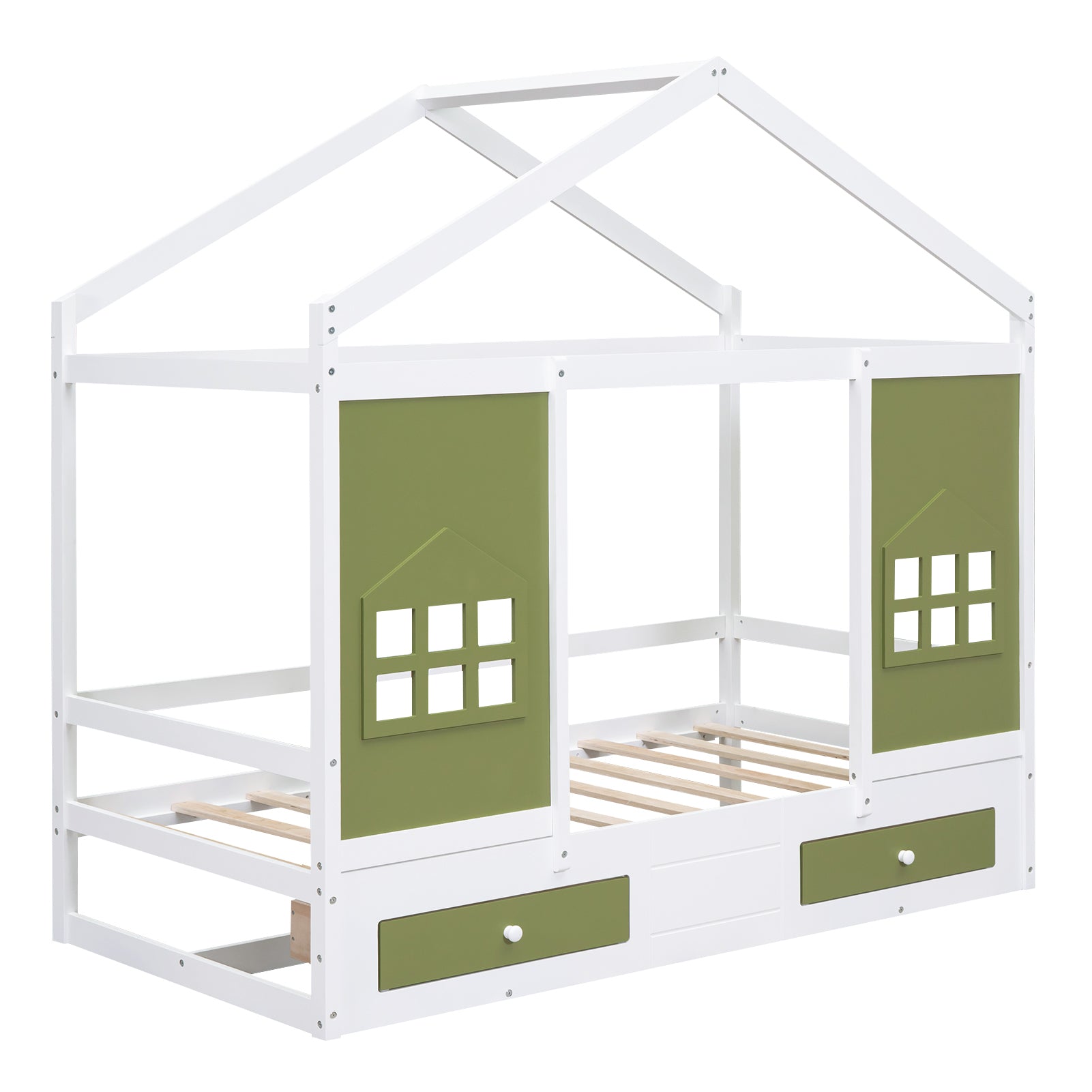 Twin Size Wood House Bed with 2 Drawers and Window Decoration, White+Olive Green - Atlantic Fine Furniture Melbourne FL